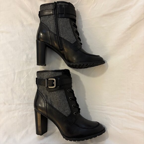 NWOB Antonio Melani Black/Gray Leather & Fabric High Heel Lug Sole Ankle Bootie - Picture 12 of 12